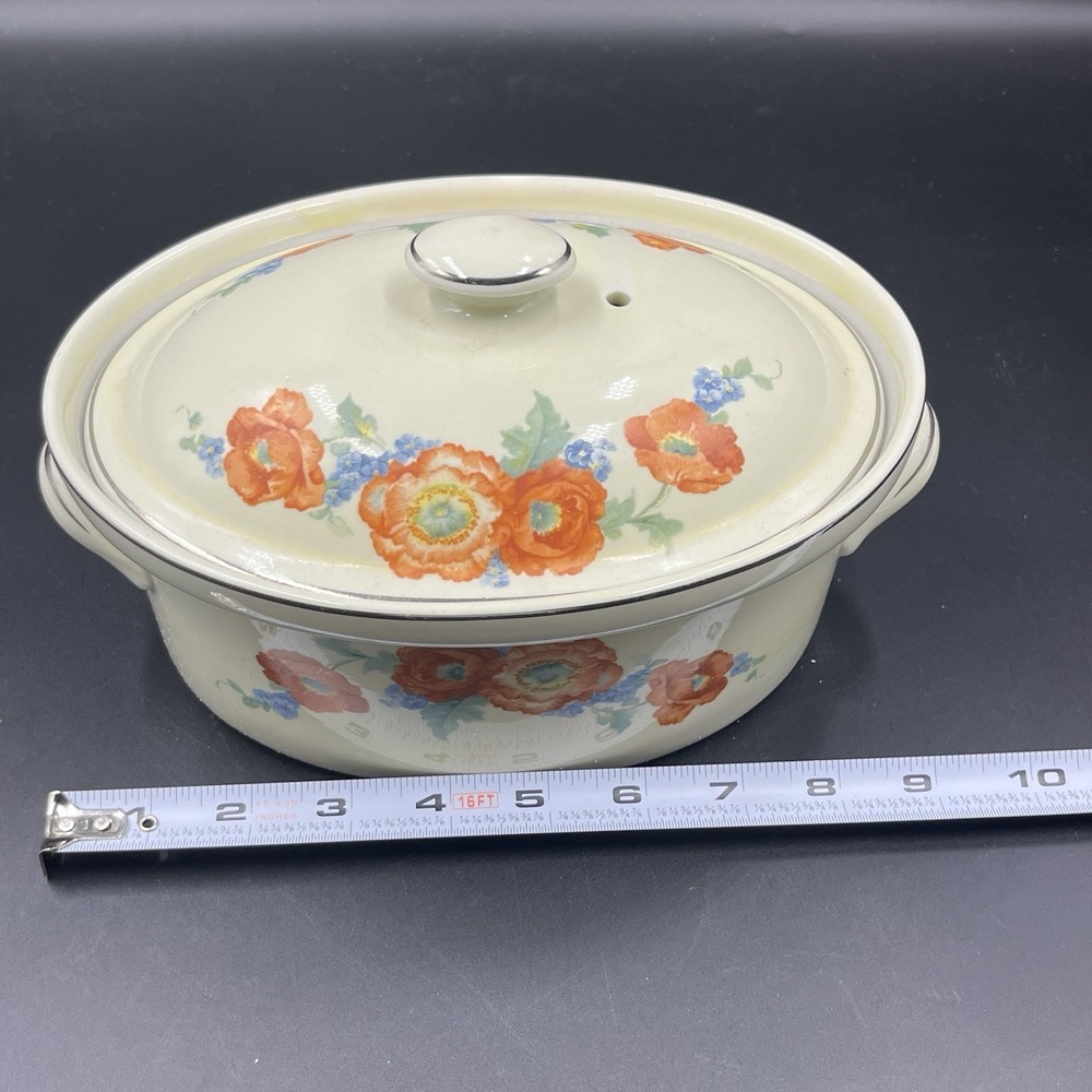 Hall Orange Poppy Casserole wLid‎ Oval Platinum Trim Orange Blue Green - Picture 9 of 11